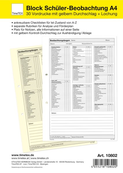 TimeTEX Block Schüler-Beobachtung A4, 30 Blatt mit Durchschlag