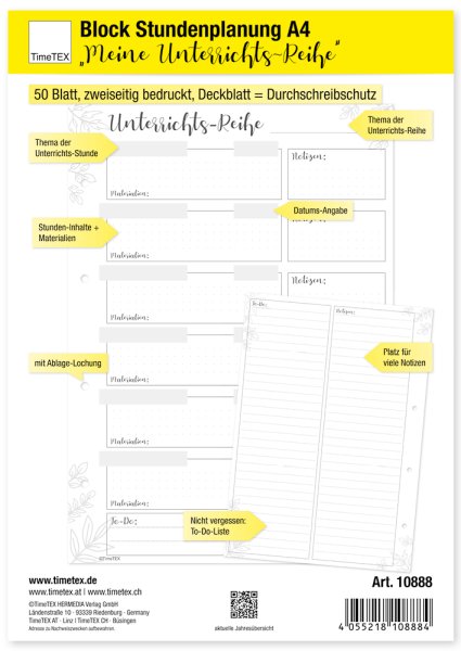 Block Stundenplanung A4 "Meine Unterrichts-Reihe", 50 Blatt